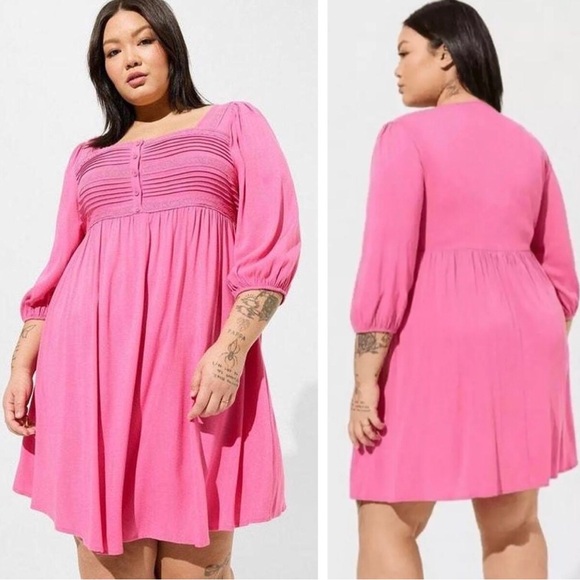 Torrid Mini Rayon Slub Pintuck Neck 3/4 Sleeves Hot Pink Skater Dress size 2 NWT - Picture 1 of 16